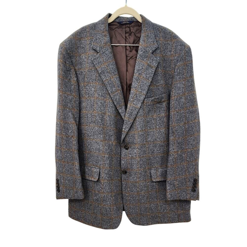 Brooks Brothers 100% Camel Hair Blazer Size 46 Windowpane Print Grey Blue